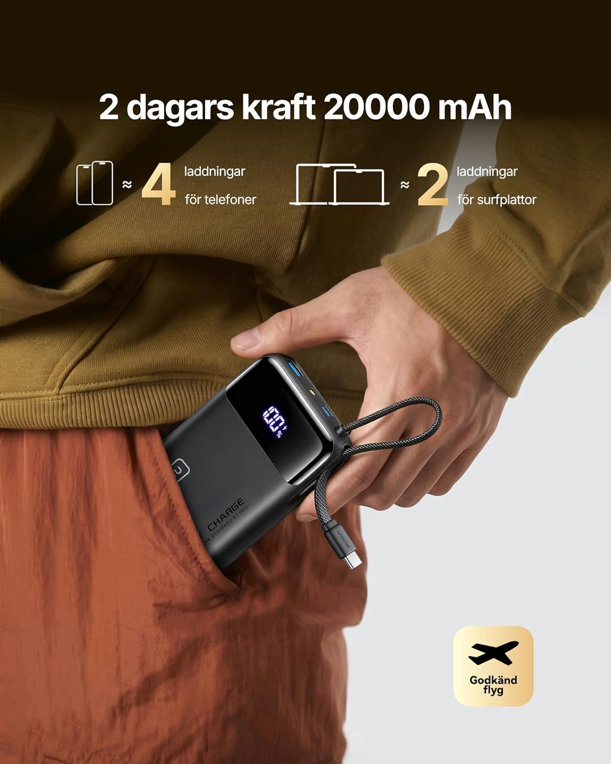 Powerbank 20 000mAh med 45W Snabbladdning & USB-C-kabel