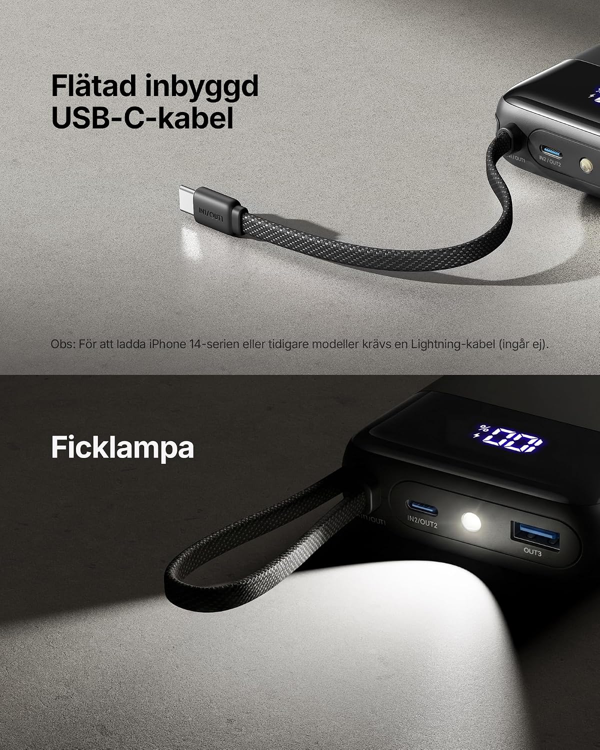 Powerbank 20 000mAh med 45W Snabbladdning & USB-C-kabel