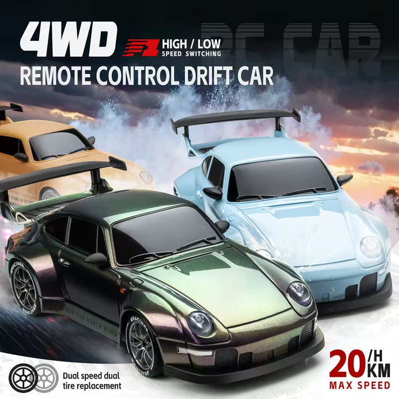 1:24 RC Driftbil 4WD 2.4GHz – LED-ljus, Extra Däck & Vägspärrar, Perfekt Gåva för Pojkar & Flickor