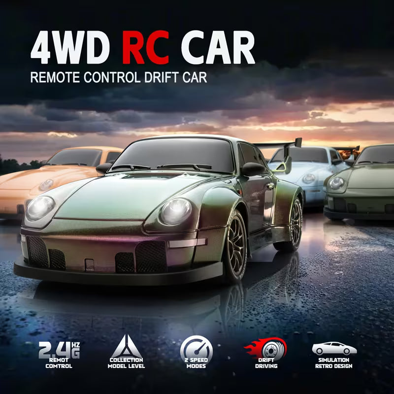 1:24 RC Driftbil 4WD 2.4GHz – LED-ljus, Extra Däck & Vägspärrar, Perfekt Gåva för Pojkar & Flickor