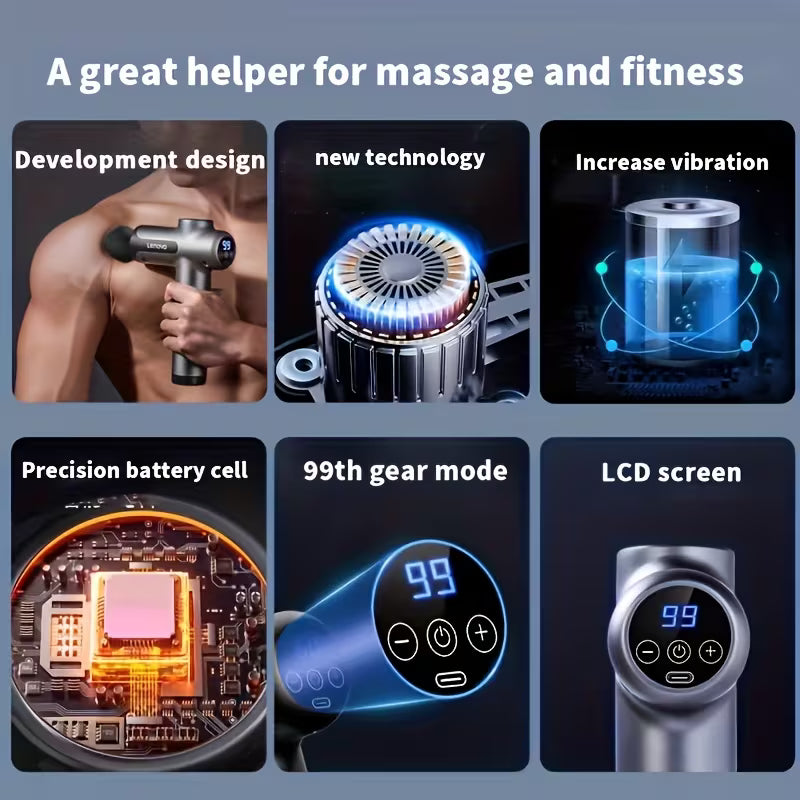 Lenovo Massagepistol Pro – Kraftfull & Tyst Muskelmassage, 6 Hastigheter, Upp till 8h Batteritid, Djupgående Återhämtning för Hela Kroppen